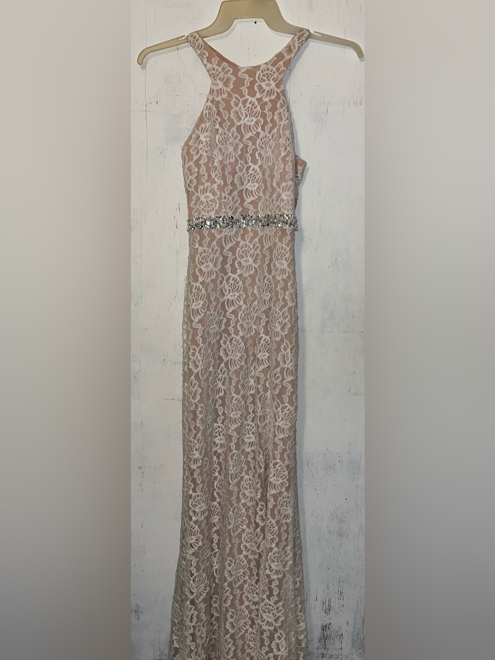 City Studio Blush Lace Prom Dress with Beaded Waist